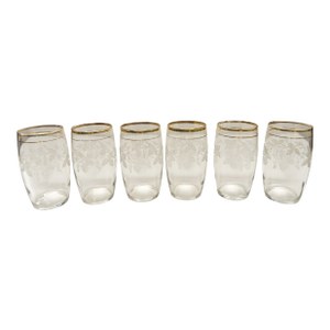 Bartlett Collins Gold Rim Etched Grapevine Glass Tumblers Set of 6