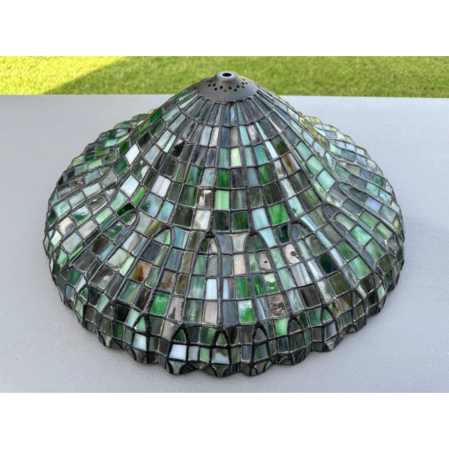 Art Nouveau Mid-20th Century 20'' Tiffany-Style Leaded Green Slag Glass Lotus Leaf Lamp Shade For Sale - Image 3 of 18