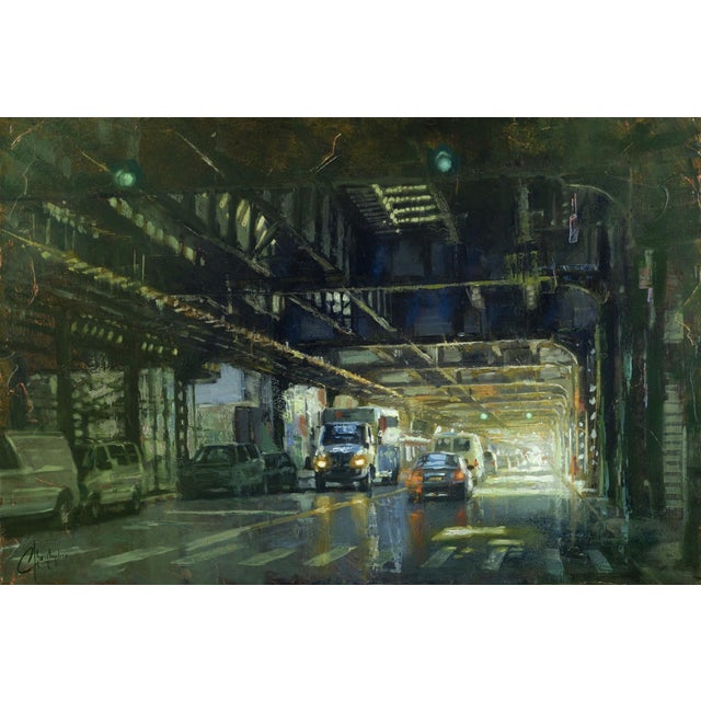This oil painting captures a bustling scene beneath the Williamsburg Bridge, where vehicles navigate through a vibrant...