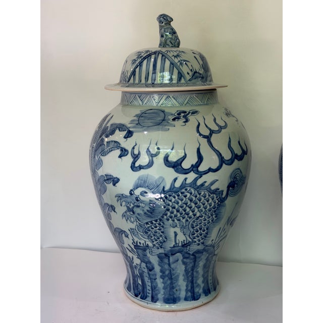 Pair Monumental Blue & White Chinese Porcelain Covered Dragon Temple Jars With Foo Dog Finials, 23” H For Sale - Image 4 of 12