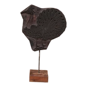 Early 20th Century Rustic Peacock Fabric Stamp on Metal Stand