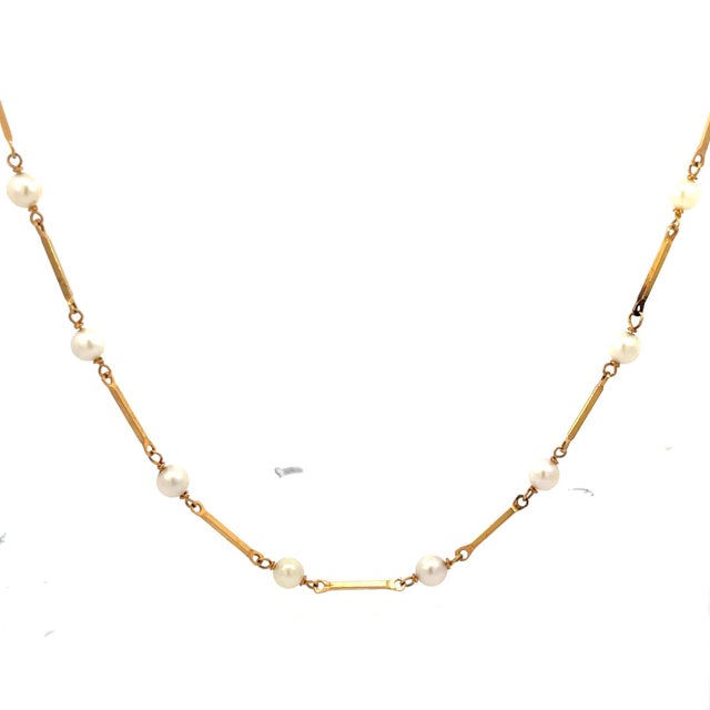 Late 20th Century Vintage 14k-18k Yellow Gold Bar Stick Link Pearl Opera Necklace 34'long For Sale - Image 5 of 5