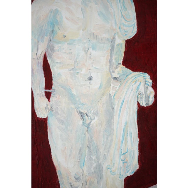 Contemporary figure study of classical Greek sculpture of a Hermes depicted with expressive brushstrokes on a bold, deep...