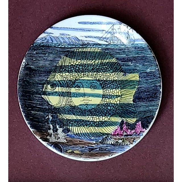 Piero Fornasetti Piero Fornasetti “12 Mesi, 12 Soli” Porcelain Coaster, April, Sun as a Fish, Framed For Sale - Image 4 of 6