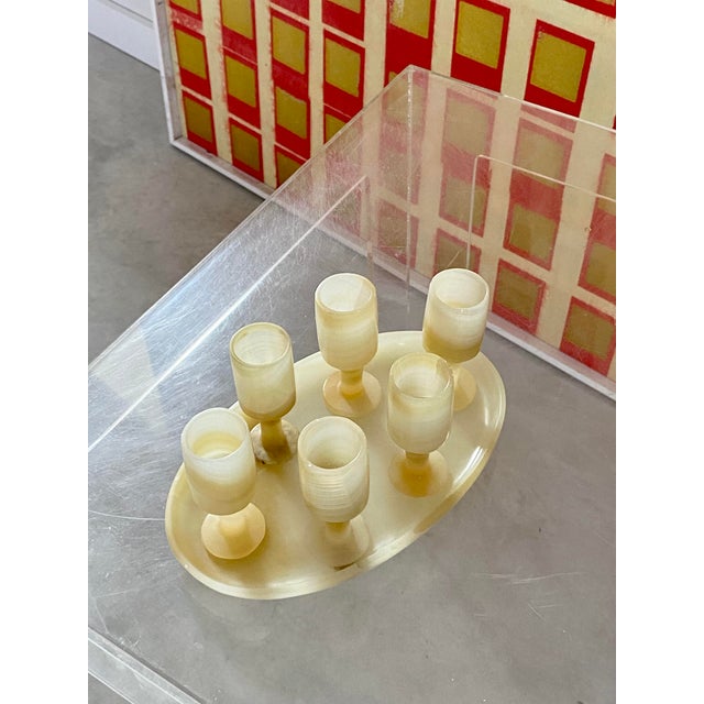 1960s Carved Onyx Stemware + Tray, Set of 7 Pieces For Sale - Image 13 of 17