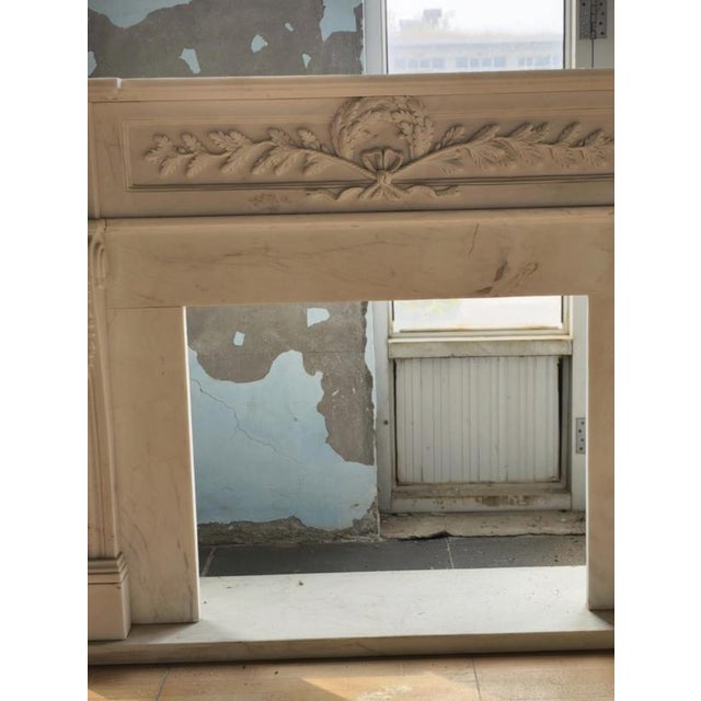 Neoclassical Hand-Carved White Marble Fireplace Mantle with Laurel and Rosette For Sale - Image 5 of 6