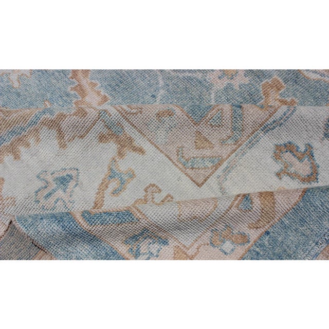 Square Turkish Oushak Rug in Light Blue, Light Brown, Salmon, Silver & Tan For Sale - Image 10 of 12