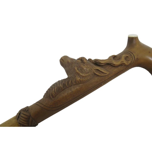 Deer Stag Head Carved Wood Handle Vintage Walking Stick Cane For Sale - Image 4 of 12