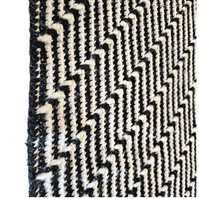 Black Handmade Black and White Crochet Throw Blanket With Linear Stripe Pattern and Fringe For Sale - Image 8 of 9