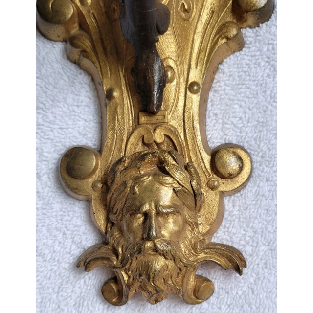 Antique 19thc French Empire Gilt & Patinated Bronze 5 Light Candelabra Wall Sconce - Male Mask For Sale In Miami - Image 6 of 15