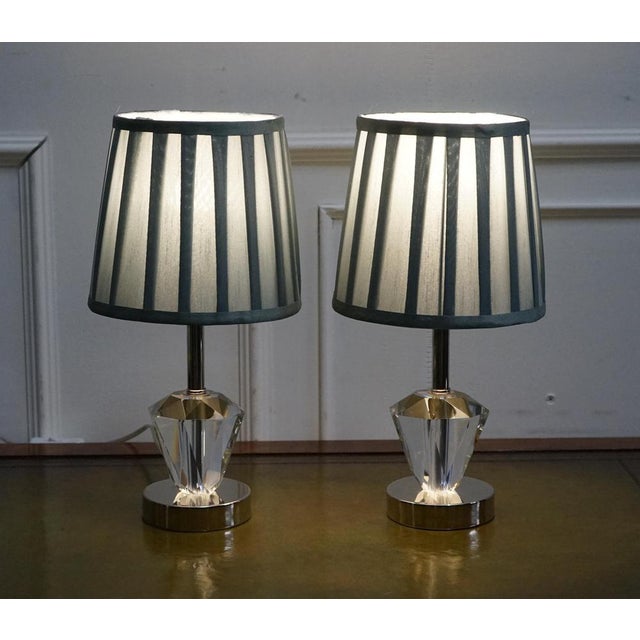 Diamond Glass on Stainless Steel Base Table Lamps with Baby Blue Shades, Set of 2 For Sale - Image 9 of 10