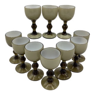 Vintage Carlo Moretti Italy Taupe Smoke White Cased Glass Mini Cordial Shot Glasses - Set of 10 For Sale