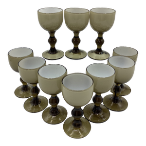 Vintage Carlo Moretti Italy Taupe Smoke White Cased Glass Mini Cordial Shot Glasses - Set of 10