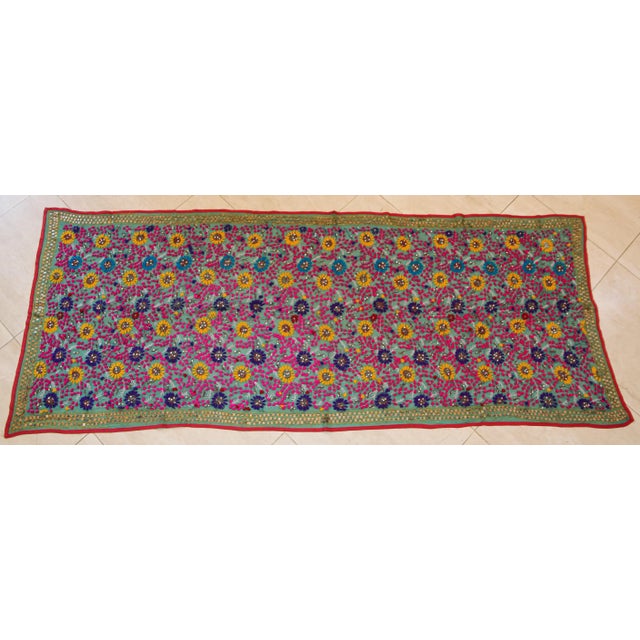 1960s Vintage Suzani Embroidery in Teal Background with Yellow Pink Turquoise For Sale - Image 5 of 13