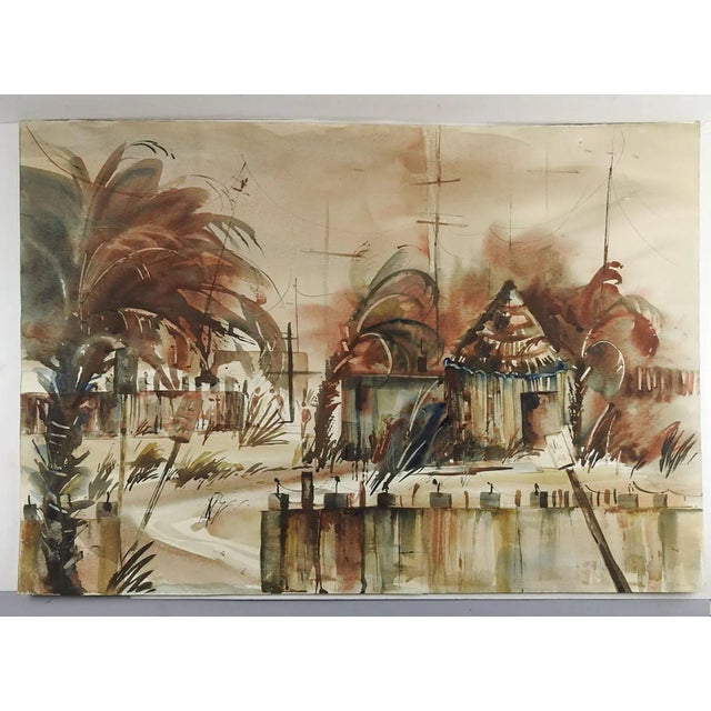 Modernist watercolor on paper by Dianne Curington, Florida titled Beach Shack. Signed lower right. Unframed.