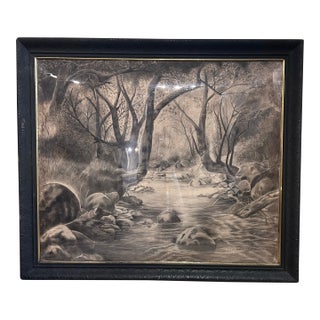 Monumental Antique Original Charcoal of Woodland Brook For Sale