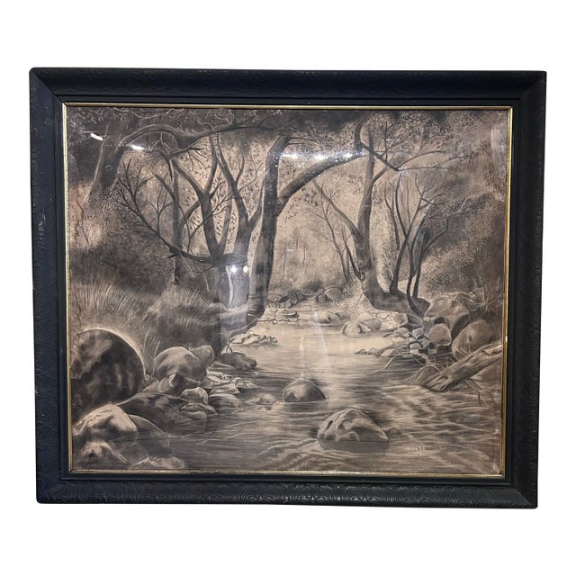 Monumental Antique Original Charcoal of Woodland Brook For Sale