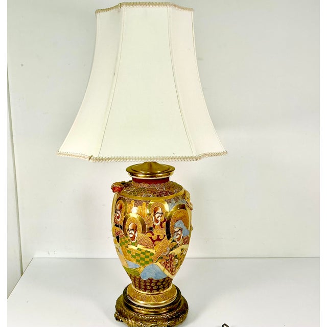 Vintage Hand Painted Japanese Satsuma Moriage Ironstone Table Lamp With Raised Relief Dragon For Sale - Image 10 of 17