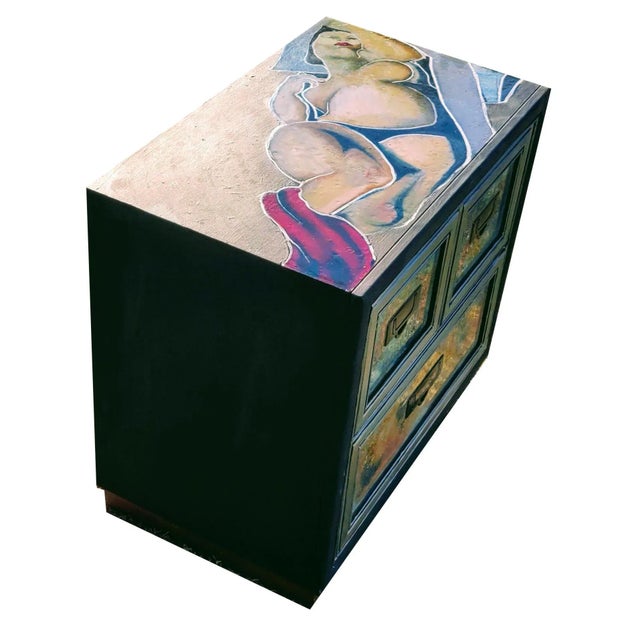 Cornflower Blue Patrick Briggs 'Tamara De Lempica" 2021 Acrylic Painted Campaign Style Wooden Nightstand For Sale - Image 8 of 12