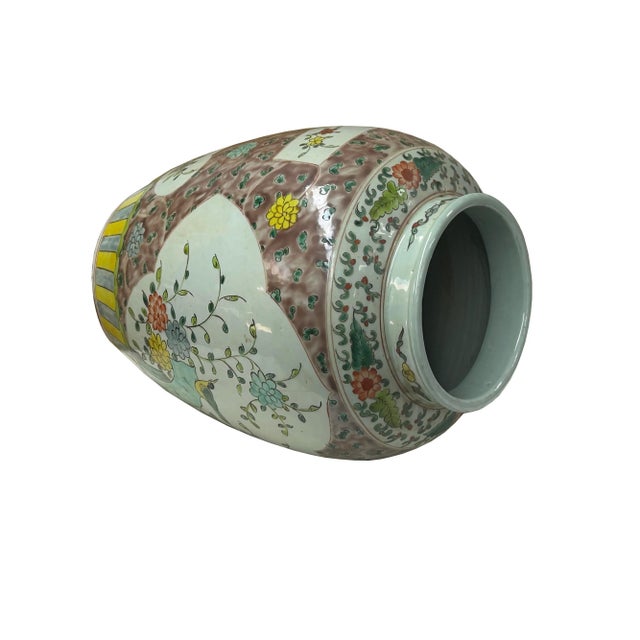 1980s Vintage Chinese Color Porcelain Lotus Bird Scenery Pot Jar Vase For Sale - Image 5 of 12
