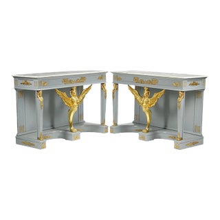 A Pair of Empire Revival Consoles With Gilded Sphinxes and Marble Tops For Sale