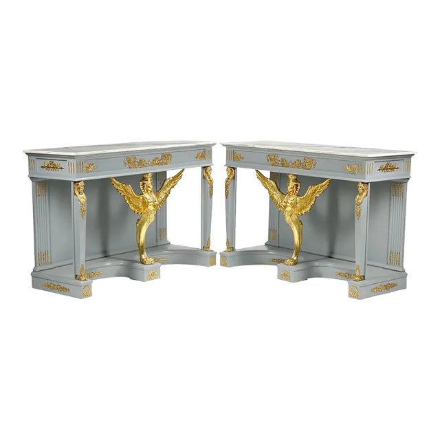 A Pair of Empire Revival Consoles With Gilded Sphinxes and Marble Tops For Sale
