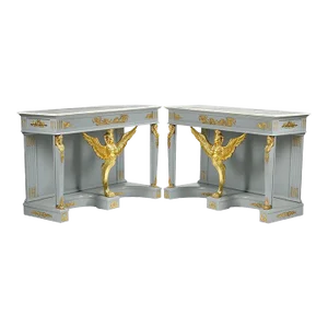A Pair of Empire Revival Consoles With Gilded Sphinxes and Marble Tops