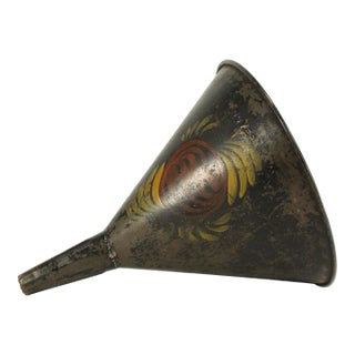 19th C. Tin Tole Large Funnel W Flower & Black Paint, Marked Dover, Ma For Sale