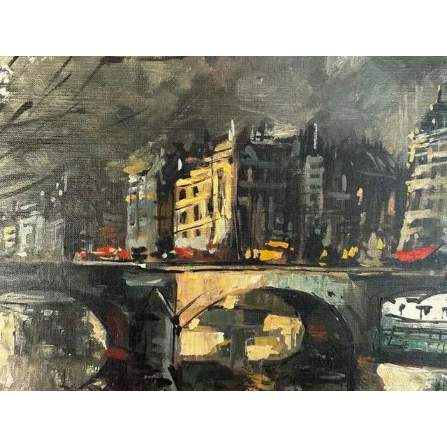 1950s "Embankment of the Seine River" Parisian Cityscape Oil Painting by Pierre Giraud For Sale - Image 5 of 8