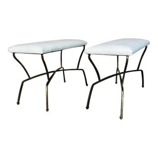 Pair of Spanish Mid-Century Modern Style Gilt Iron Benches With X-Stretchers For Sale