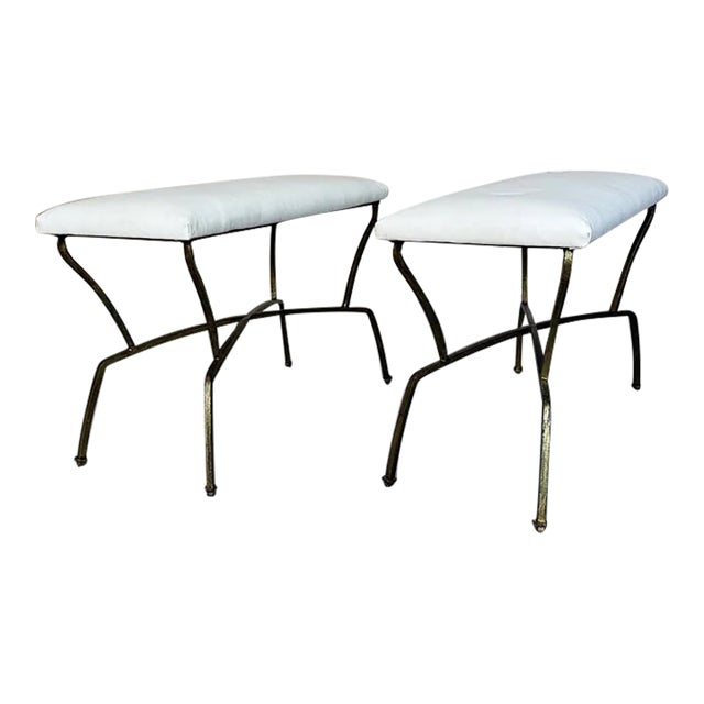 Pair of Spanish Mid-Century Modern Style Gilt Iron Benches With X-Stretchers For Sale