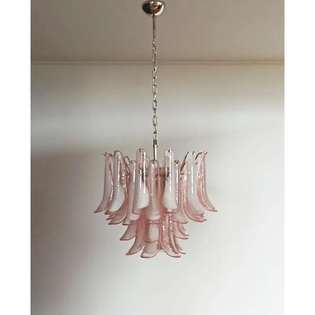 1970’s Murano Italian glass chandelier. Fantastic chandelier with pink and white “lattimo” glasses, nickel-plated metal...