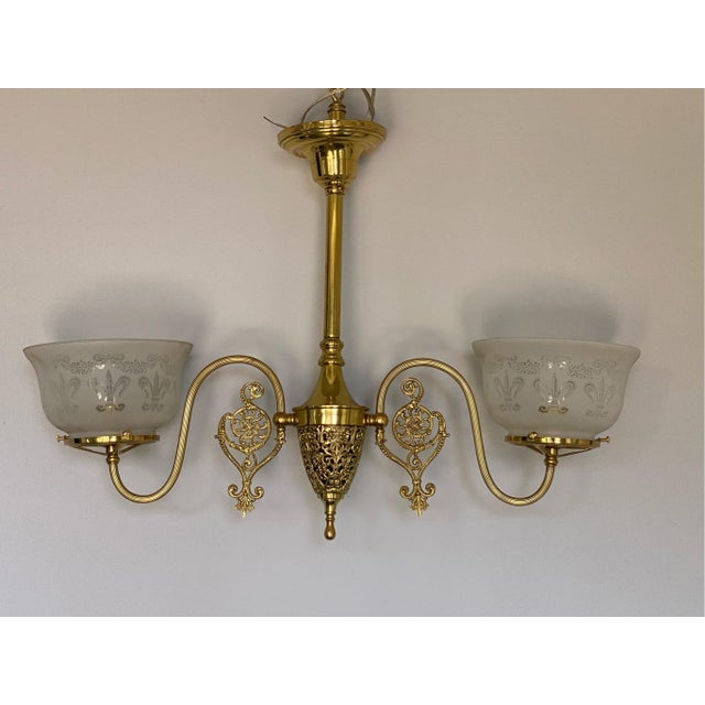 Metal Vintage 2- Light Art Nouveau Converted Gas Chandelier Gothic Fleur De Lis Glass For Sale - Image 7 of 7