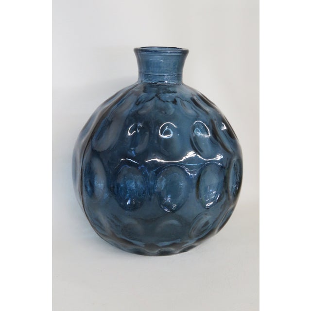 Blue Glass Round Bottle Vase Thumbprint Design 4691b For Sale - Image 4 of 16