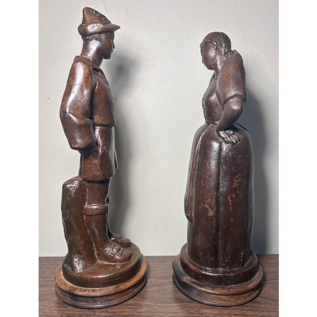 Early 20th Century Early 20th Century French Bronze-Clad Plaster Breton Man and Woman Sculptures on Wood Bases - Set of 2 For Sale - Image 5 of 6