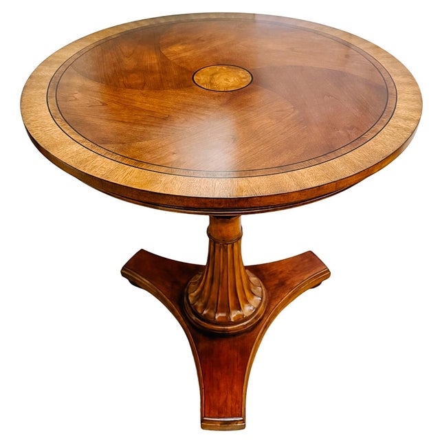 1990s 1990s Ethan Allen Neoclassical Round Inlaid Walnut Pedestal Accent Table For Sale - Image 5 of 8