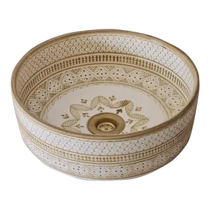Contemporary Beige Bathroom Wash Basin with Brass Drain