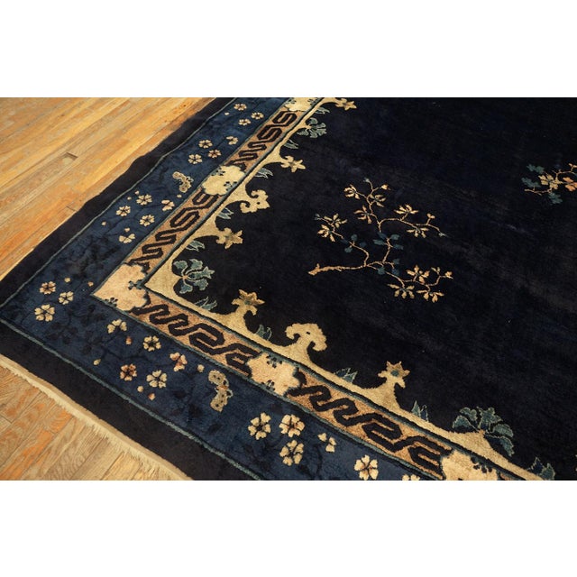 1920s Classic Greek Key Antique Peking Large Room Size Wool Blue Navy Rug For Sale - Image 9 of 11