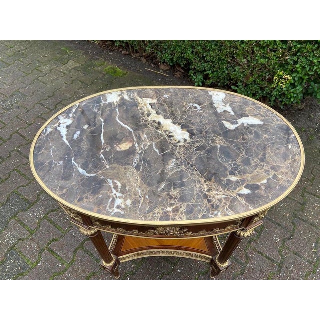 Late 20c French Artisan Louis XVI Mahogany Marble Side Table For Sale - Image 4 of 13