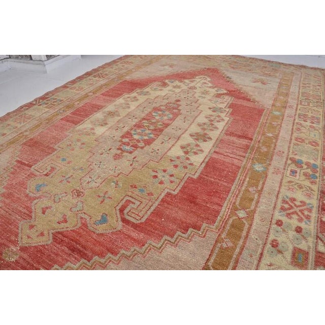 Vintage Distressed Turkish Oushak Rug in Crimson Red, Navy Blue & Soft Sage For Sale - Image 4 of 10