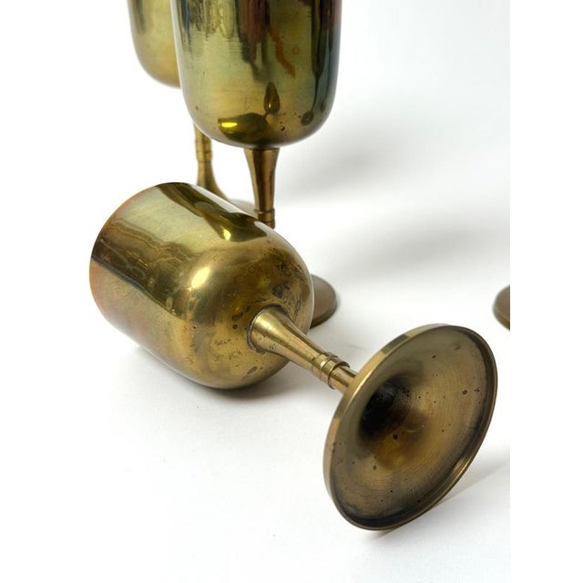 Vintage Brass Wine Goblets with Worn Silvered Interiors, 1960s, Set of 5 For Sale - Image 9 of 13