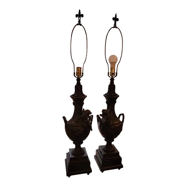 1970s Mid-Century Black Metal Cherub on Urn Lamps - a Pair For Sale
