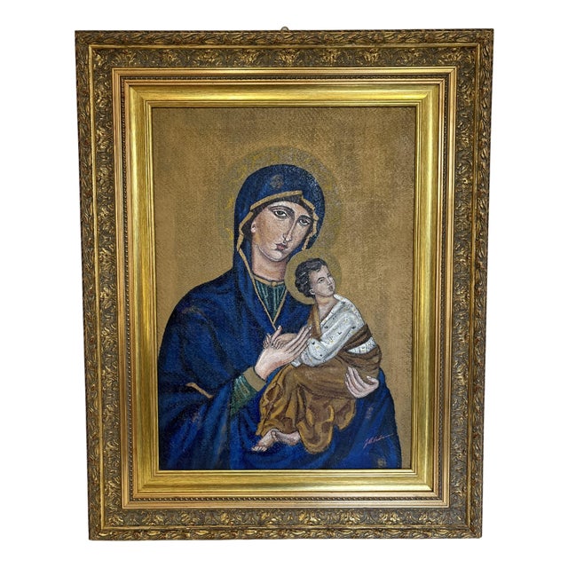 Painted Icon Depicting Notre Dame du Perpétuel Secours, 1960s, Oil on Jute Canvas For Sale