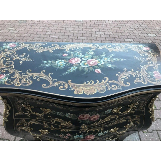 Wood 1950s French Louis XVI Black Floral Beech Commode Chest For Sale - Image 7 of 10