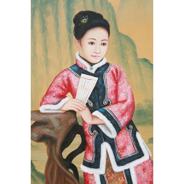 Chinese Qianlong-Period Chinese Lady Oil Portrait For Sale - Image 3 of 5