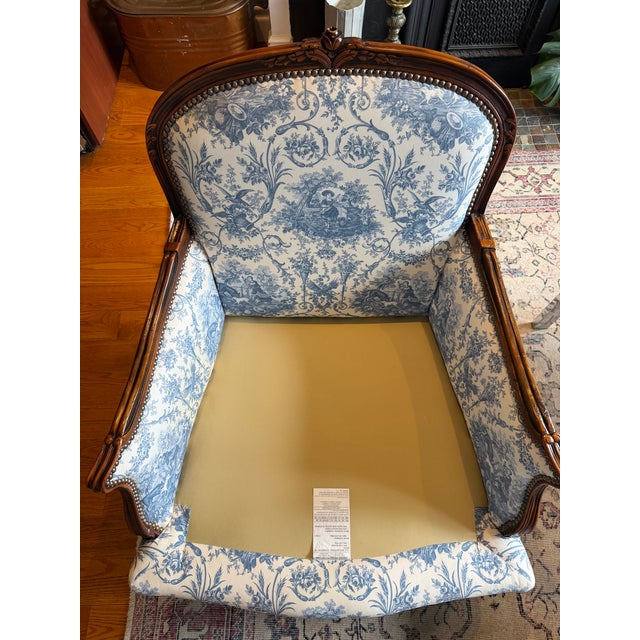 Wood Old Hickory Tannery Louis XV Bergère – Designer Toile & Down-Filled For Sale - Image 7 of 18