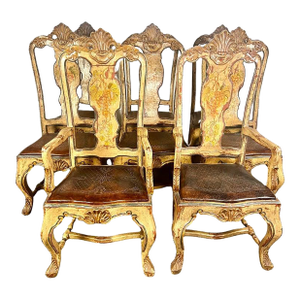 (8) French Provincial Hand Painted Dining Chairs W/ Leather Embossed Seats