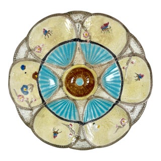 Simon Fielding English Majolica Turquoise & Cream Oyster Plate For Sale