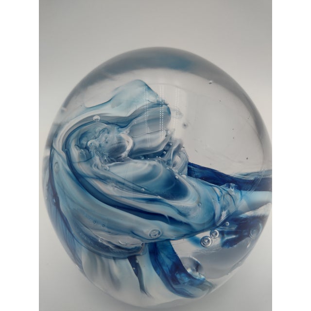 Signed Vintage Handblown Glass Paperweight With Blue & White Ribbon Swirl, 2003 For Sale - Image 10 of 11