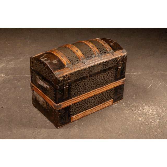 Traditional Antique Embossed Metal Dome Top Steamer Trunk For Sale - Image 3 of 11